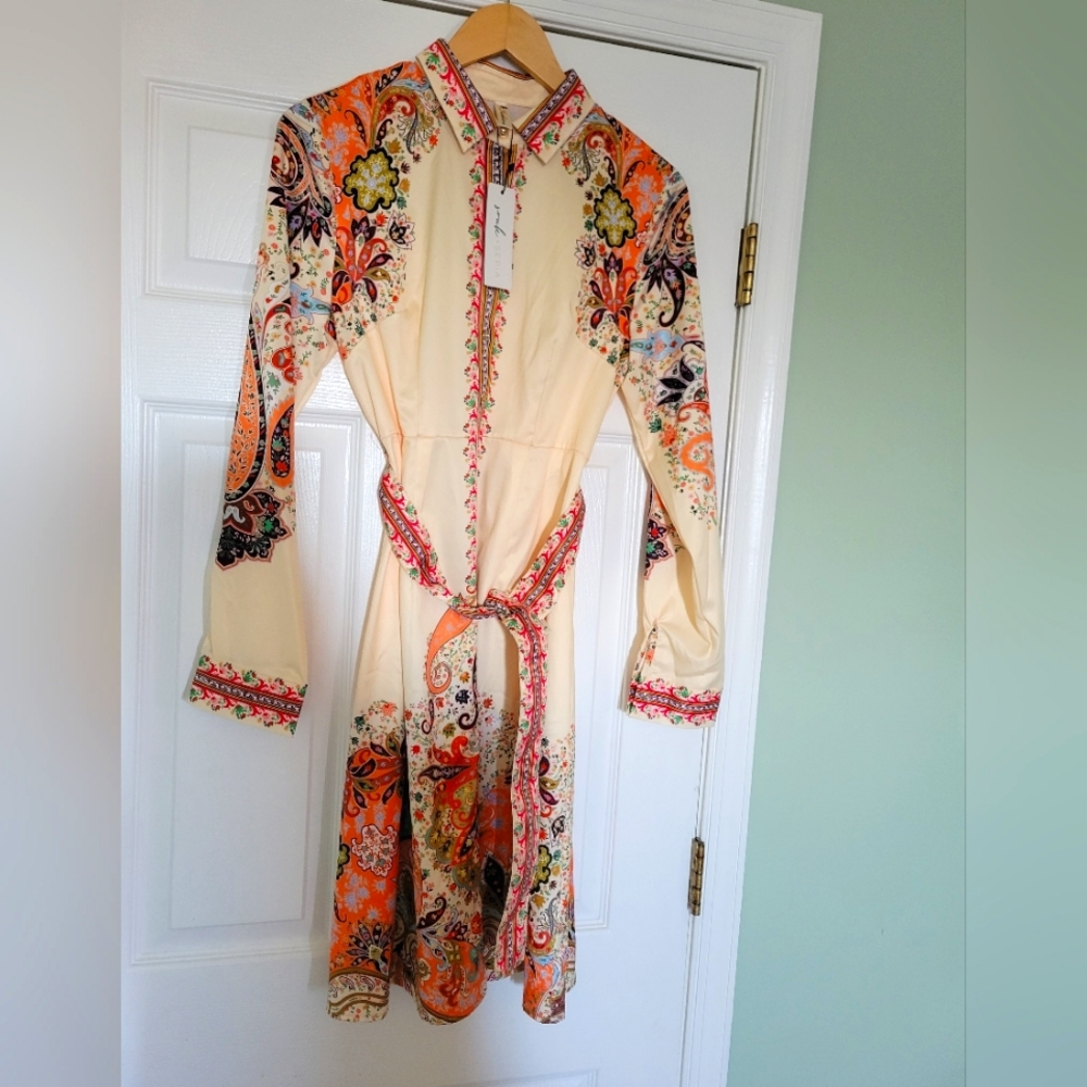 Souk + Sepia Button Belted Boho Western Dresss NWT Paisley Print Designer